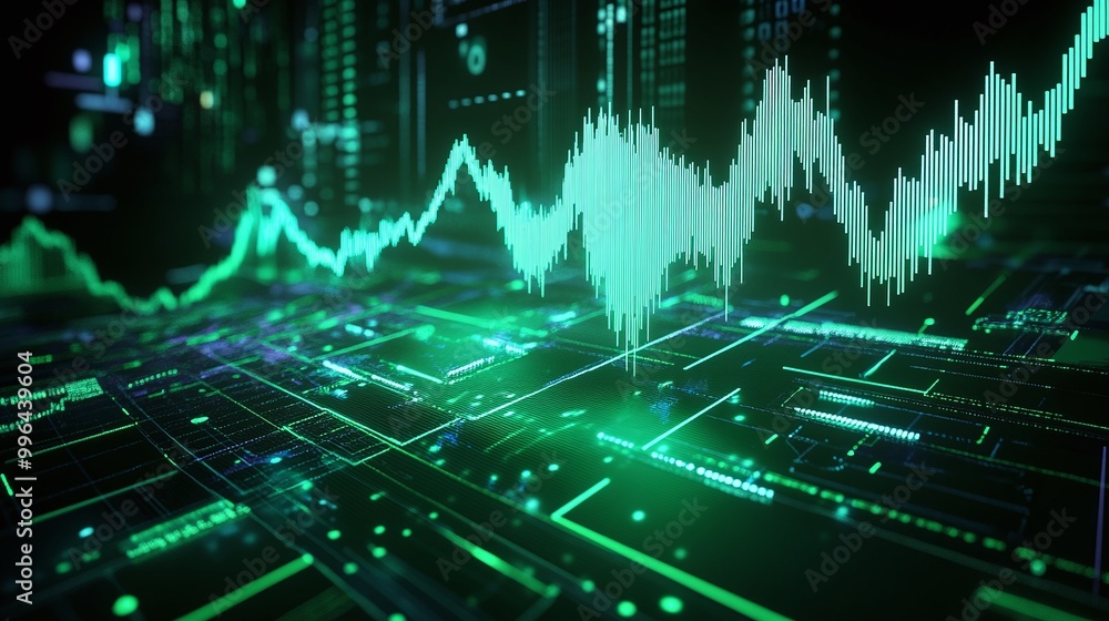 Poster futuristic financial graph showing data trends with bright green lines on a digital background.