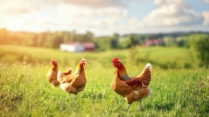 Fototapeta premium Free-range chickens grazing in an open farm field, rural landscape with large areas of copy space.