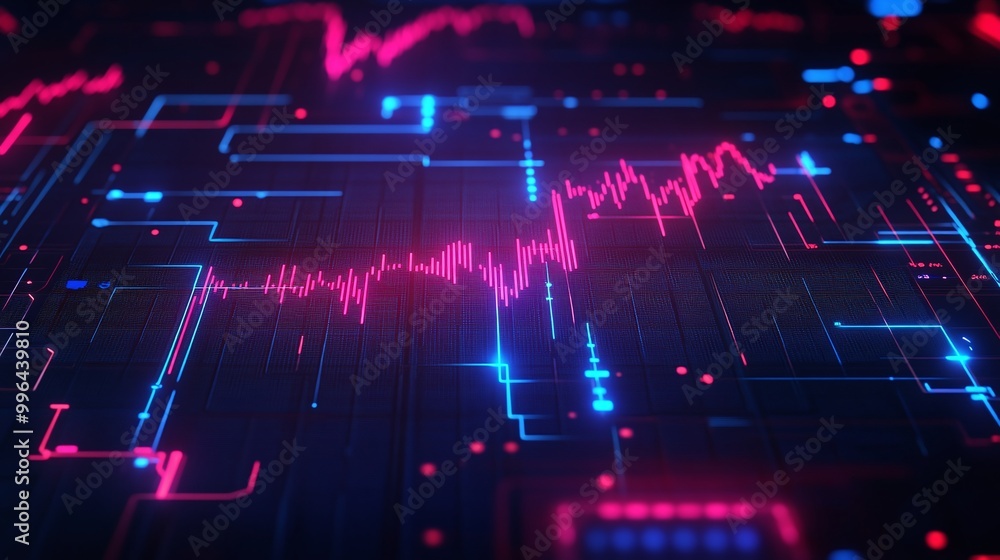 Poster futuristic graphic with vibrant blue and pink waveforms on a dark background, representing digital s