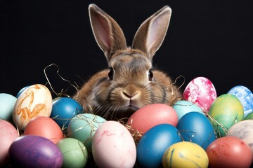 A mischievous Easter bunny caught in the act of stealing Easter eggs from a hidden stash
