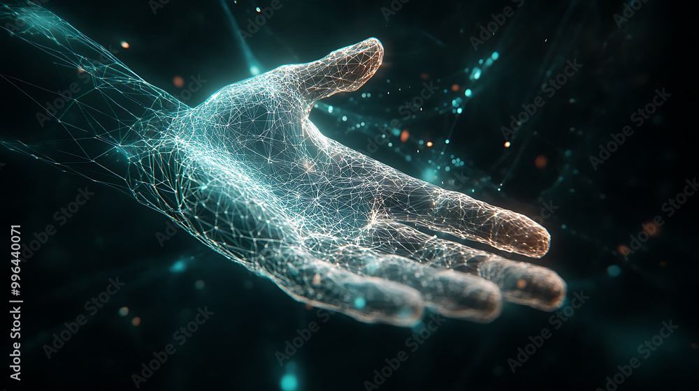 Poster a digital hand made of glowing lines and particles, reaching out with an open palm.