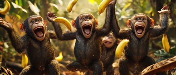 A group of laughing monkeys in a jungle throwing bananas at each other in mid-air