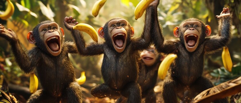 A group of laughing monkeys in a jungle throwing bananas at each other in mid-air
