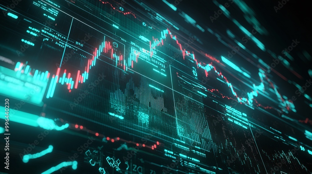 Poster futuristic stock market data visualization with glowing charts and graphs in a digital environment.