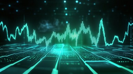 Futuristic sound wave visualization on a digital platform, showcasing advanced audio technology in neon green.