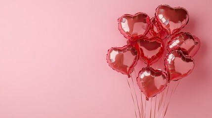 Heart-shaped balloons floating against a pink background, representing love and celebration. Copy space available.