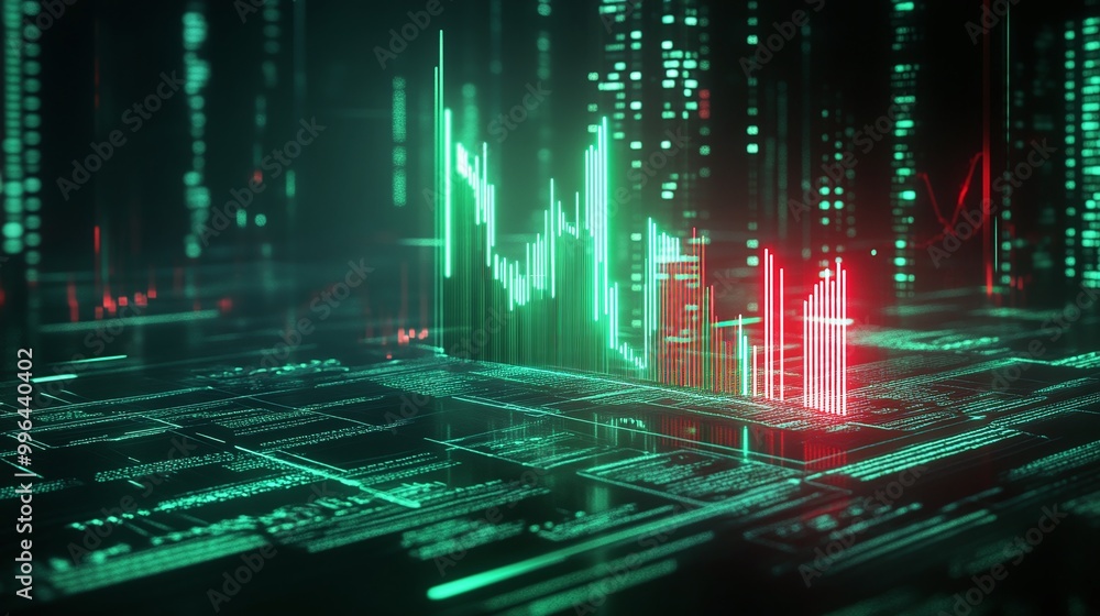 Poster futuristic technology background with digital graphs, bright colors, and data visualization elements
