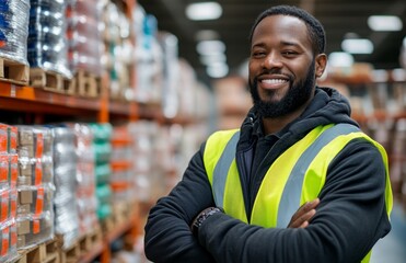 Fototapeta premium Smiling African-American warehouse worker in a high-visibility vest, arms crossed, standing near shelves