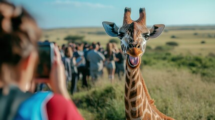 Obraz premium A giraffe sticking its tongue out while photobombing tourists in an African savannah
