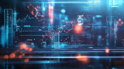 An abstract depiction of scientific research, with floating equations and molecular structures set against a high-tech backdrop