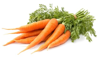 Cluster of carrots captured mid-fall isolated on a white background