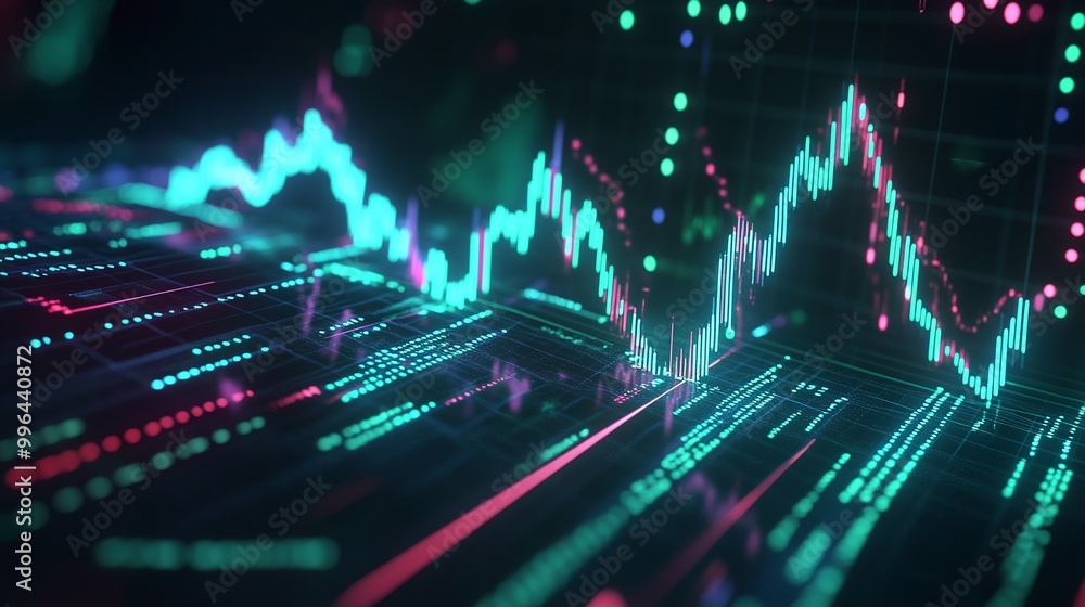 Poster modern digital stock market chart with colorful graphs and data points on a glowing screen.