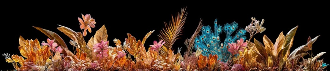 Colorful peacock in tropical garden with exotic plants and flowers wallpaper