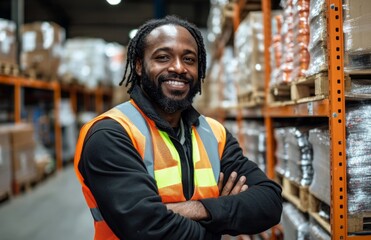Fototapeta premium Smiling African-American warehouse worker in a high-visibility vest, arms crossed, standing near shelves