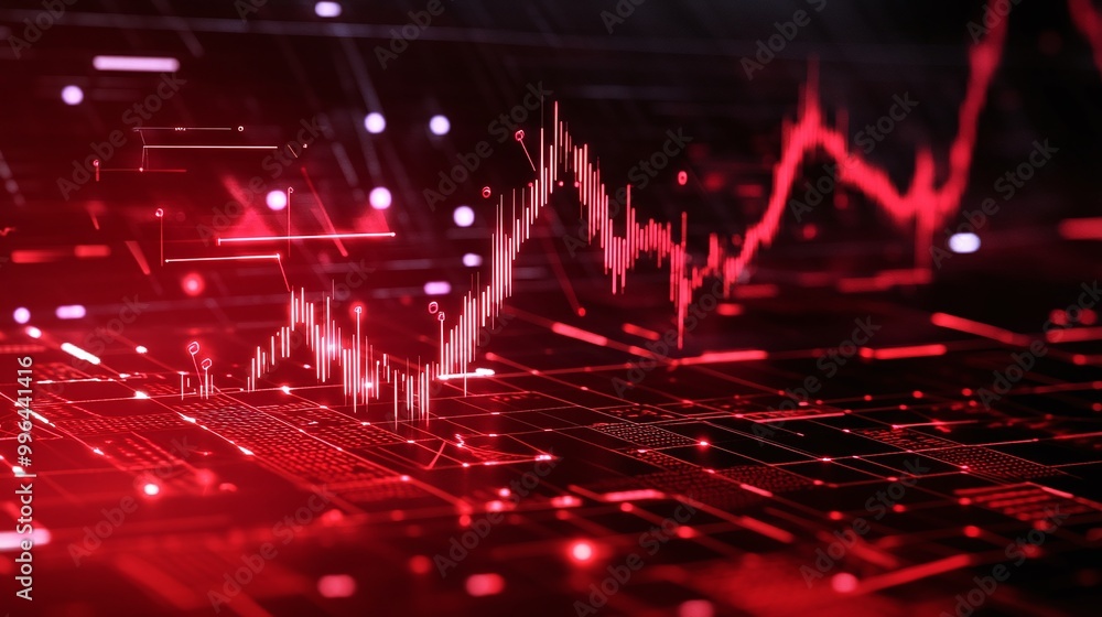 Poster red digital graph showing data trends and analysis on a futuristic interface.