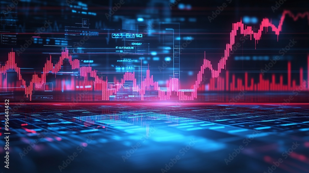 Poster stock market analysis with digital graphs and data visualizations in vibrant blue and red tones.