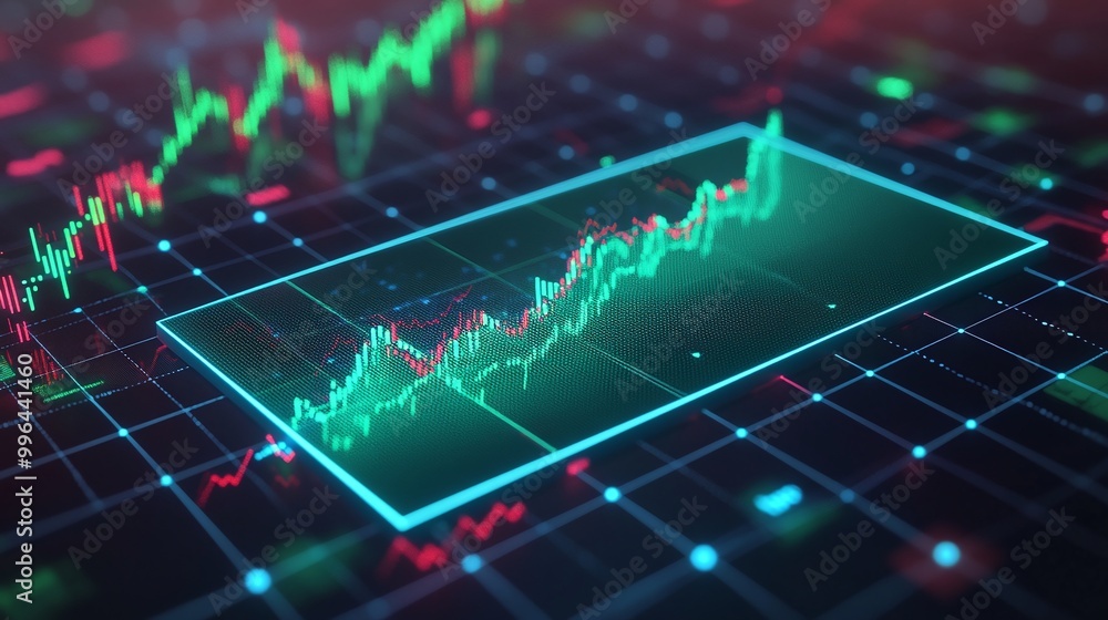 Poster stock market data visualization with dynamic graphs in vibrant colors, representing financial trends