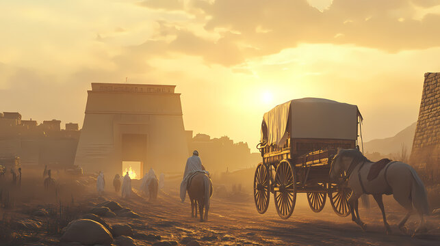 wheel, ancient mesopotamia, fundamental innovation, transformed transportation, changed trade, simplified daily tasks 3d render, backlights, vignette effect. Ancient Mesopotamia. Illustration