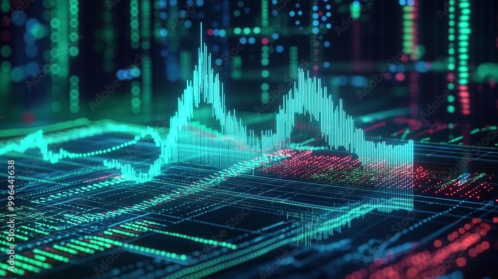 Poster vibrant abstract data visualization with bright graphs and digital patterns indicating market trends