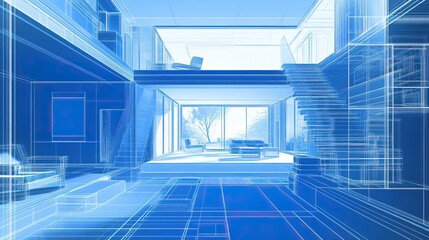 Obraz premium Wireframe Interior Design of a Modern House