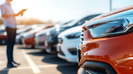 A man inspecting a row of new cars at a dealership, with the focus on the headlight of an orange car in the foreground.