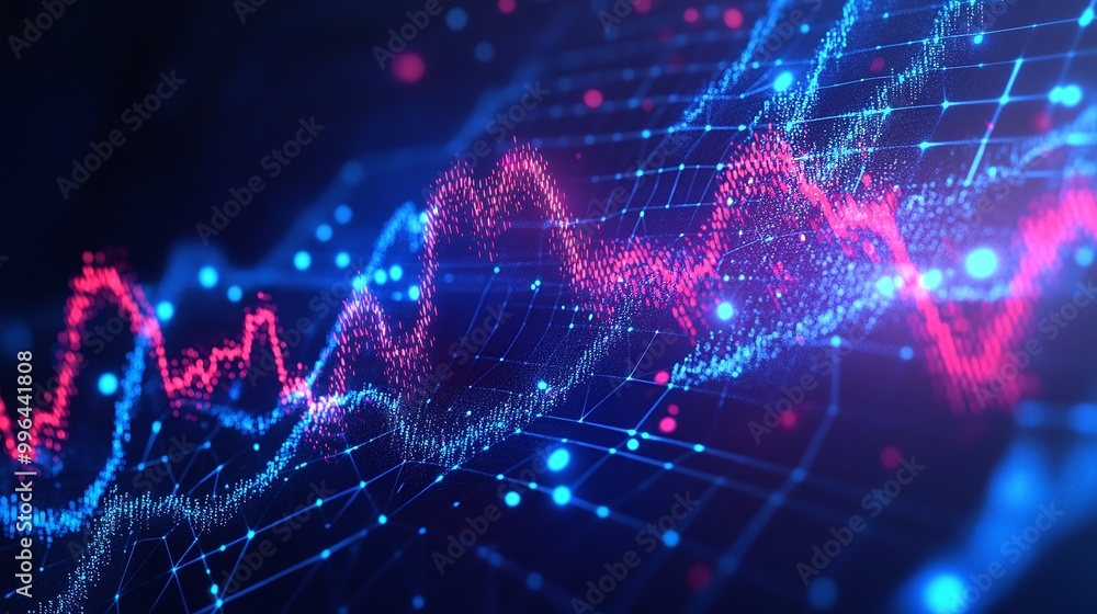 Poster vibrant abstract data visualization with colorful lines and dots representing digital analytics and 
