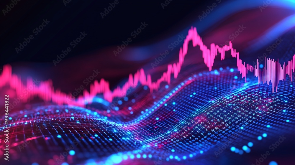 Poster vibrant abstract data visualization with colorful wave patterns and statistical graphs representing 