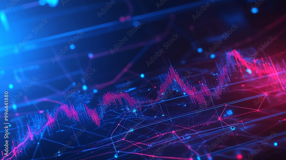 Poster vibrant abstract design displaying a digital wave pattern with red and blue color tones and floating