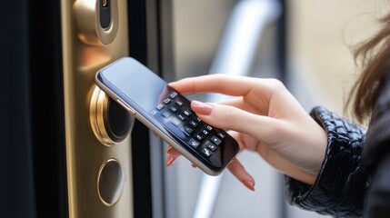 Smart security device, closeup of woman finger typing password on digital keypad door lock via smartphone, isolate on white background