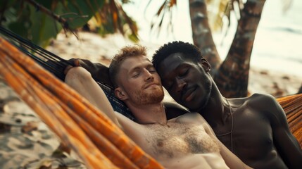 Two men lounging outdoors in hammocks, enjoying leisure time together