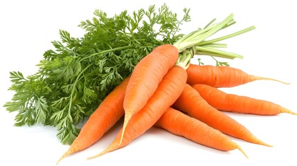 Cluster of carrots captured mid-fall isolated on a white background