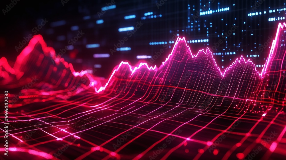 Poster vibrant abstract graph depicting data trends and digital information flow in neon colors, ideal for 