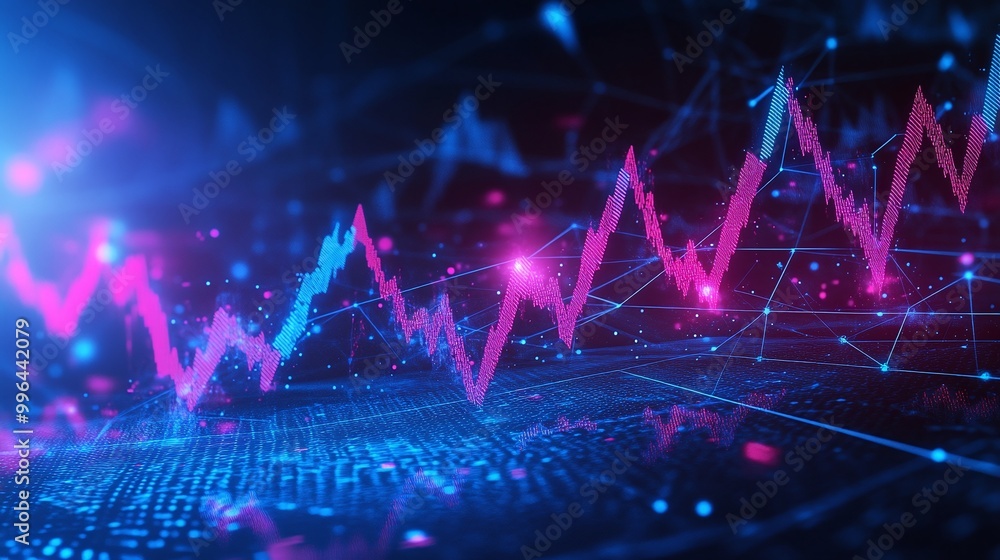 Poster vibrant abstract representation of data analytics with colorful graph lines on a digital background.