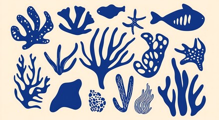 A simple vector graphic of various blue sea life shapes