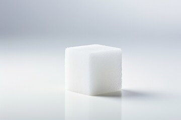 A single sugar cube, perfectly formed and gleaming, resting on a white background