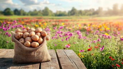 A burlap sack filled with potatoes sits on a wooden table in front of a field of wildflowers.