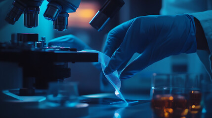 A scientist's gloved hand holds a glass slide with a sample in front of a microscope in a laboratory setting.