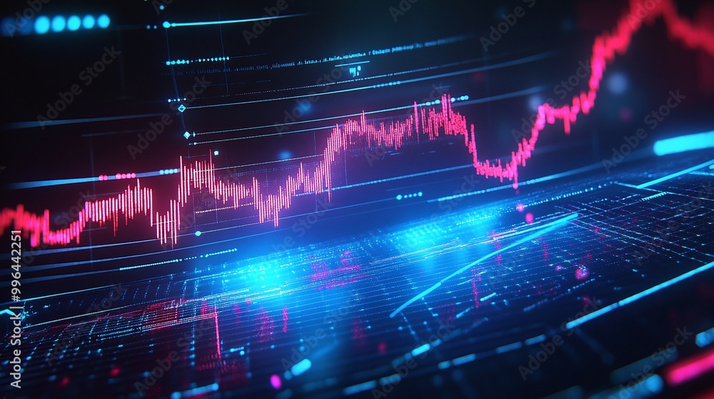 Poster vibrant data visualization of a financial graph with neon colors on a digital interface.