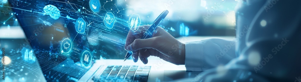 Poster a doctor or technician working with ai data analysis, lab experiments, data science and healthcare c