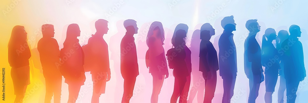 Poster silhouettes of diverse individuals stand in a line against a colorful gradient background, symbolizi