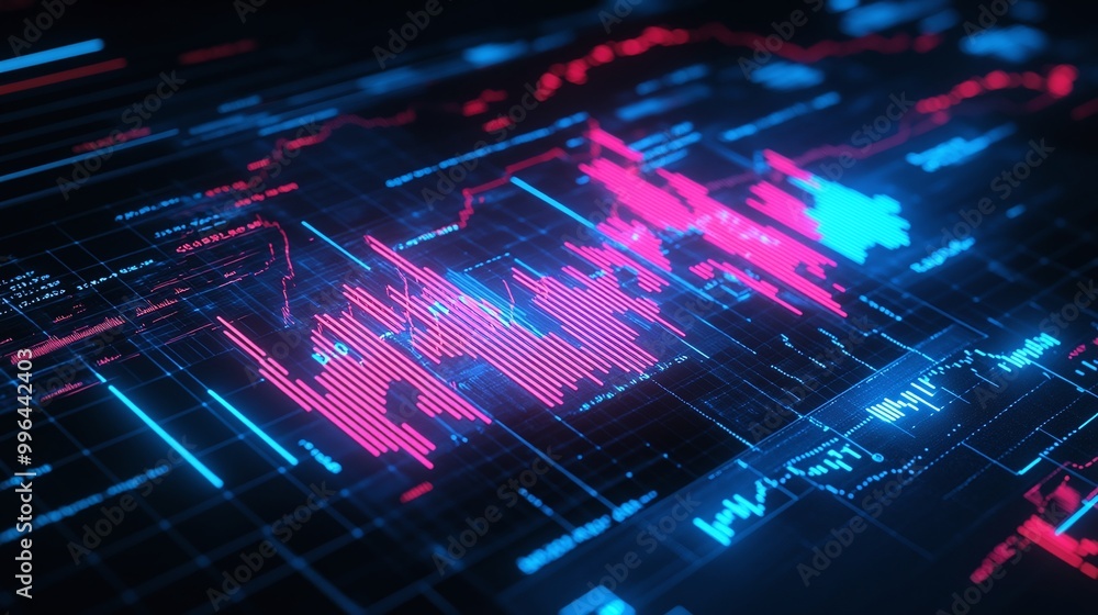 Poster vibrant data visualization with pink and blue graphs representing market trends on a digital interfa
