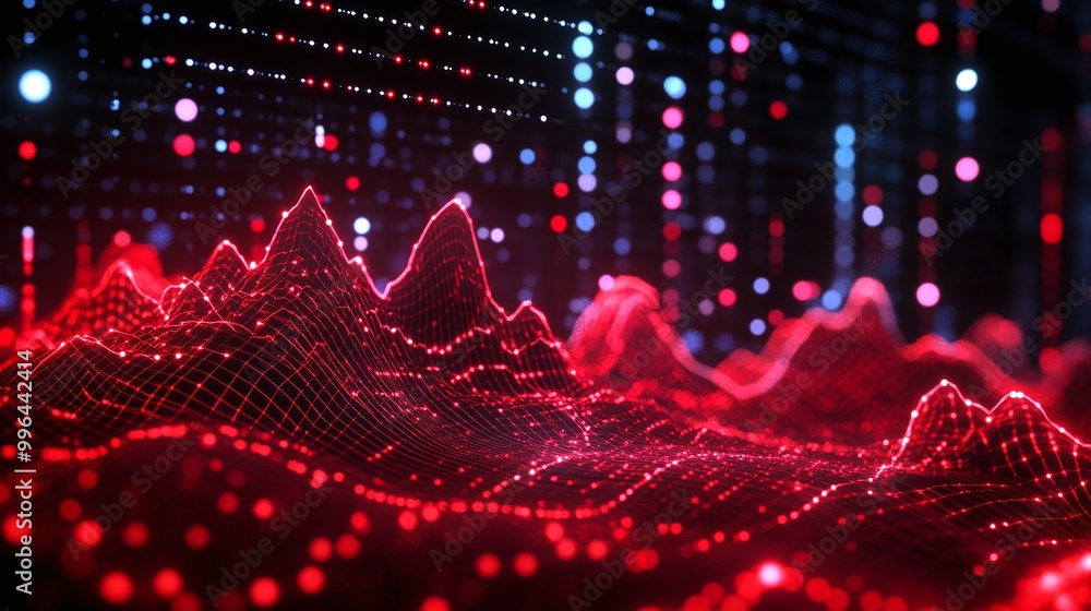 Aufkleber vibrant data visualization with red wave patterns, illuminated dots, and intricate lines for tech-re