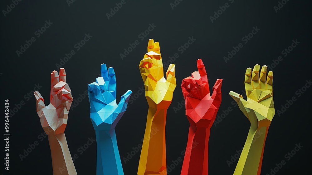 Poster a vibrant display of colorful raised hands, symbolizing unity and diversity against a dark backgroun