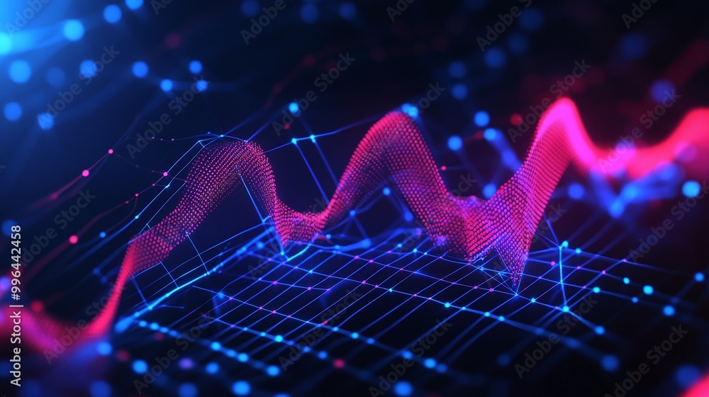 Poster vibrant digital abstract background with wave patterns and glowing points, representing data visuali