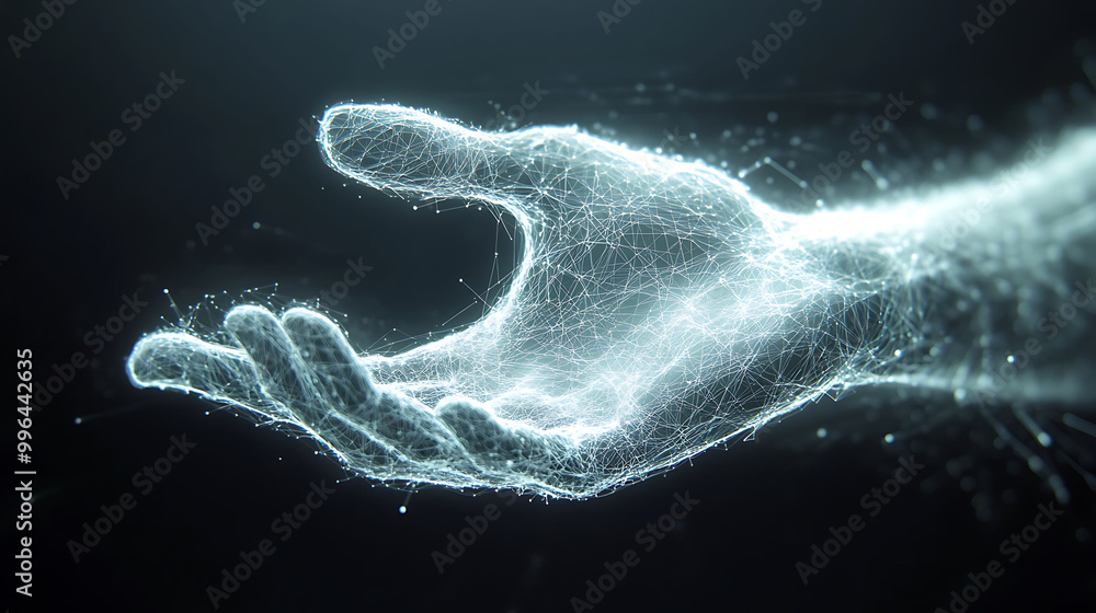Poster a glowing, digital hand reaching out with open palm, composed of lines and points of light.
