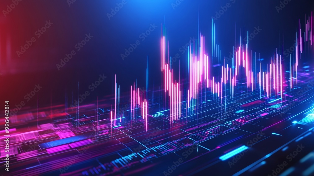 Poster vibrant digital data visualization with colorful graphs representing trends and analytics.