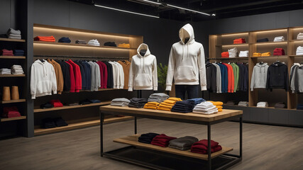 Fototapeta premium Minimalist clothing store interior with wooden racks and stylish hoodies displayed under modern lighting.