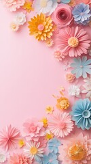 Fototapeta premium 3D paper cut style, pink background with lots of pastel-colored flowers on the side, empty space for text