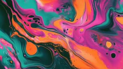 A visually engaging abstract art piece featuring swirling patterns with bold teal, pink, and orange accents.