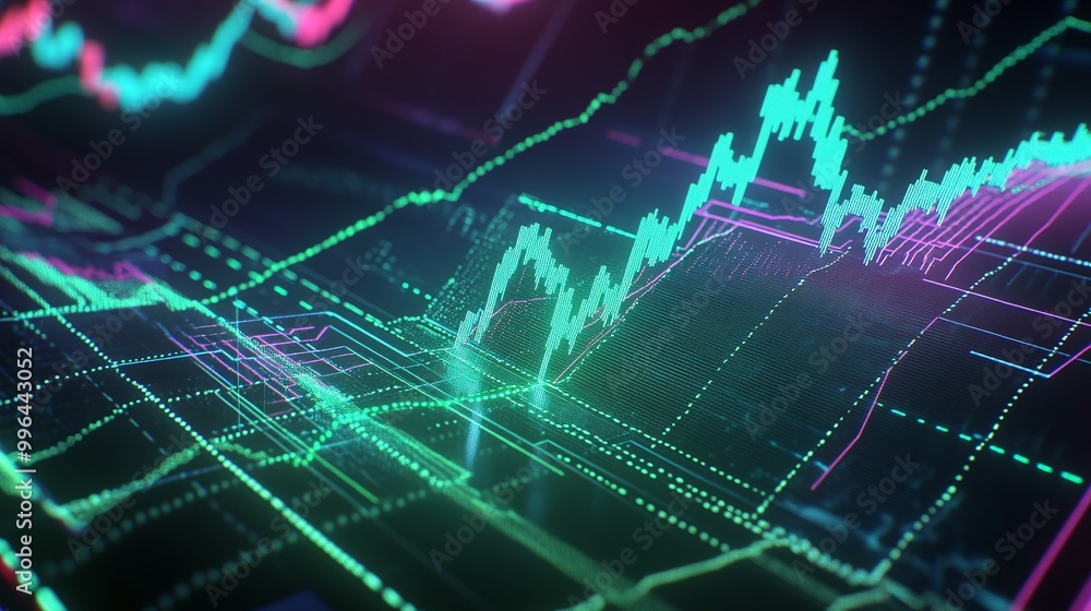 Poster vibrant digital financial graph with colorful lines and data points representing market trends and a